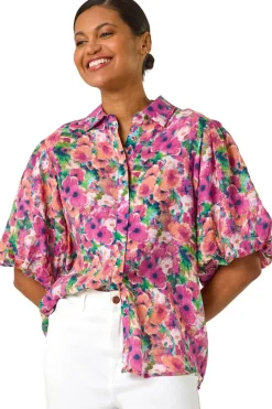 Roman Pink Floral Print Button Through Shirt