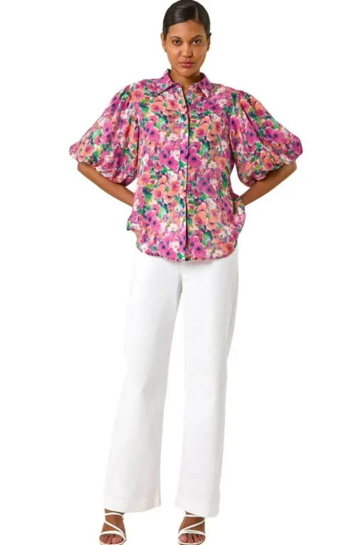 Roman Pink Floral Print Button Through Shirt