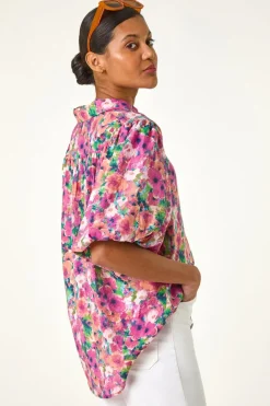 Roman Pink Floral Print Button Through Shirt