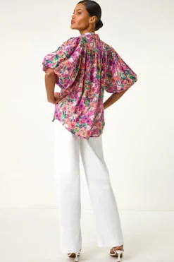 Roman Pink Floral Print Button Through Shirt