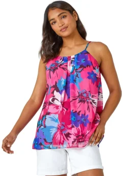 Roman Pink Floral Print Chiffon Cami Top