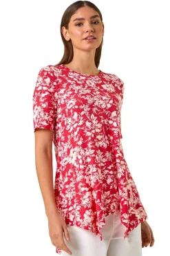 Roman Pink Floral Print Hanky Hem Tunic Top