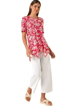 Roman Pink Floral Print Hanky Hem Tunic Top