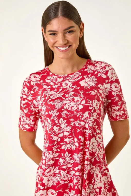 Roman Pink Floral Print Hanky Hem Tunic Top