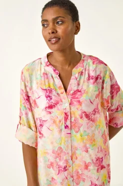 Roman Pink Floral Print Longline Blouse