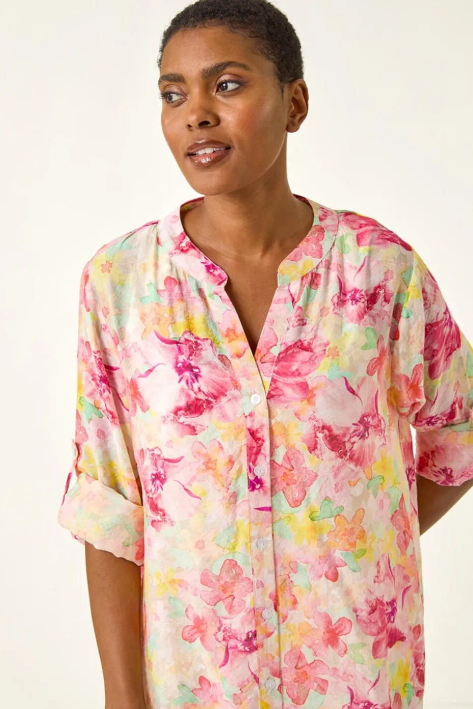 Roman Pink Floral Print Longline Blouse