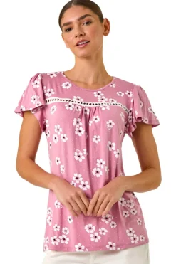 Roman Pink Floral Print Ladder Trim Stretch Top