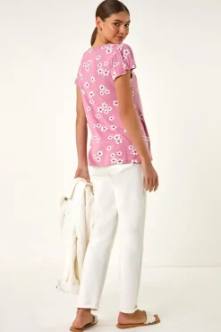 Roman Pink Floral Print Ladder Trim Stretch Top