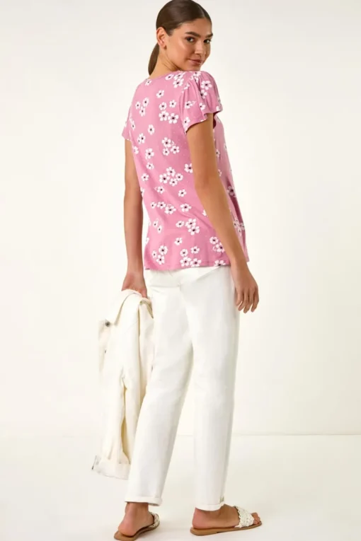 Roman Pink Floral Print Ladder Trim Stretch Top