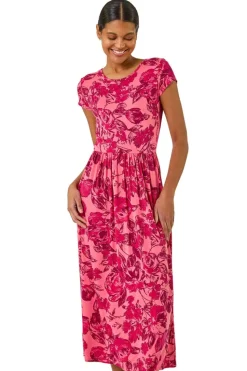 Roman Pink Floral Print Pocket Midi Dress