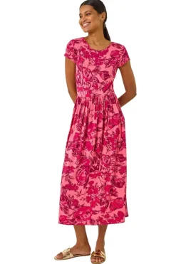 Roman Pink Floral Print Pocket Midi Dress