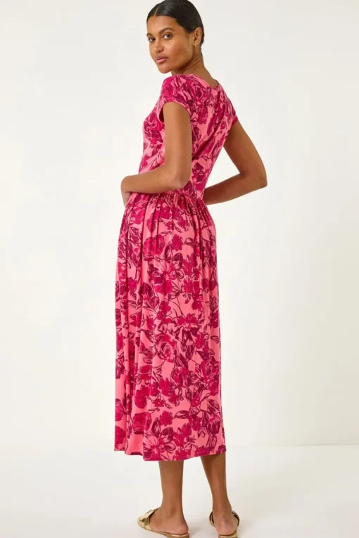 Roman Pink Floral Print Pocket Midi Dress
