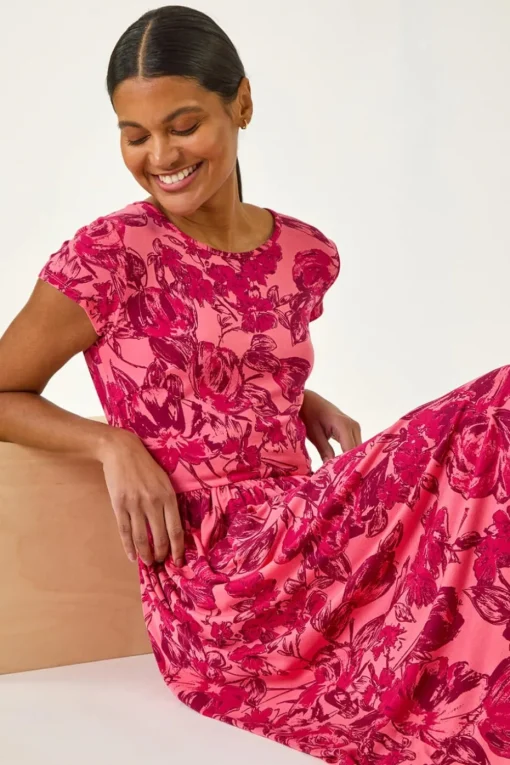 Roman Pink Floral Print Pocket Midi Dress