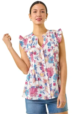 Roman Pink Floral Print Pintuck Frill Blouse