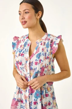 Roman Pink Floral Print Pintuck Frill Blouse
