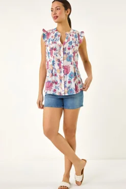 Roman Pink Floral Print Pintuck Frill Blouse