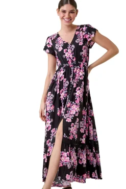 Roman Pink Floral Print Shirred Waist Maxi Dress