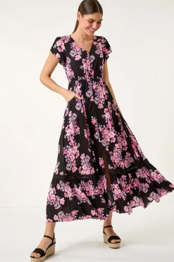 Roman Pink Floral Print Shirred Waist Maxi Dress