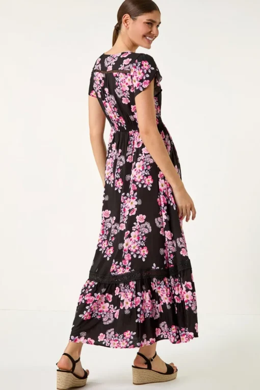 Roman Pink Floral Print Shirred Waist Maxi Dress