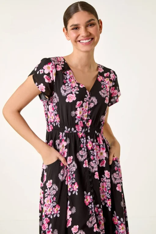 Roman Pink Floral Print Shirred Waist Maxi Dress