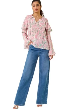 Roman Pink Floral Print Tie Front Top