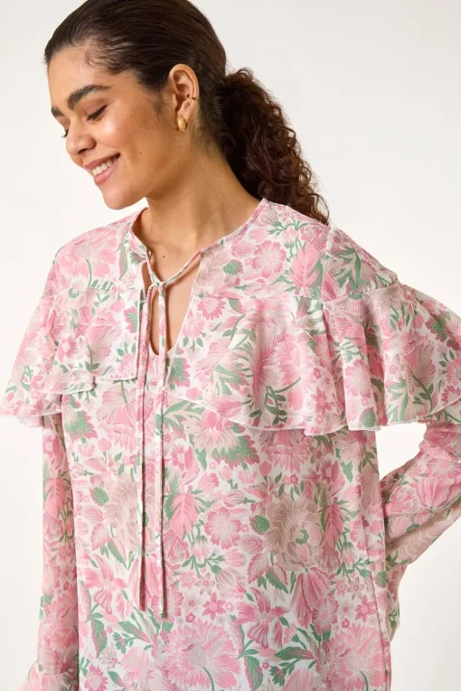 Roman Pink Floral Print Tie Front Top