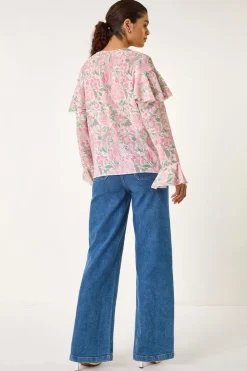 Roman Pink Floral Print Tie Front Top