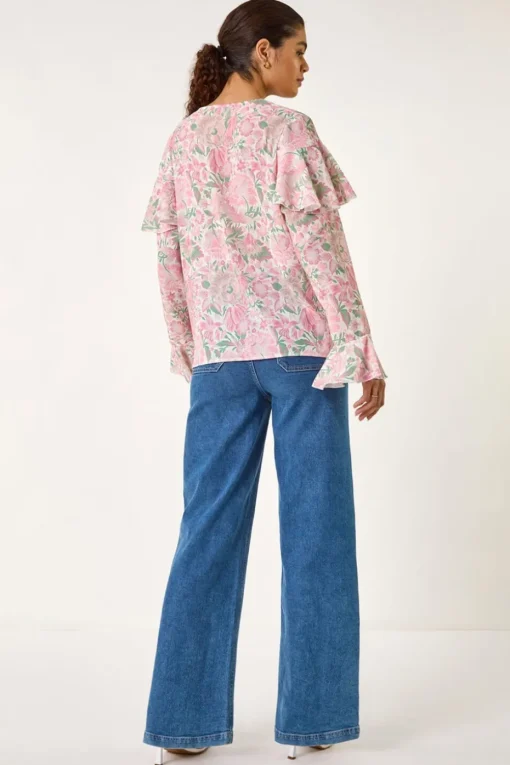 Roman Pink Floral Print Tie Front Top