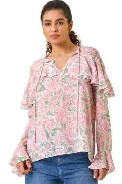 Roman Pink Floral Print Tie Front Top