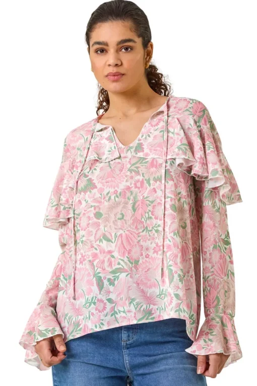 Roman Pink Floral Print Tie Front Top