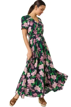 Roman Pink Floral Shirred Maxi Dress