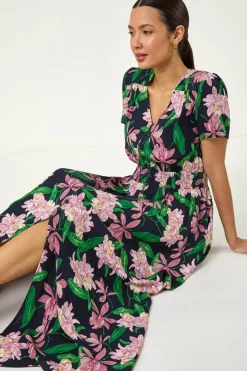 Roman Pink Floral Shirred Maxi Dress