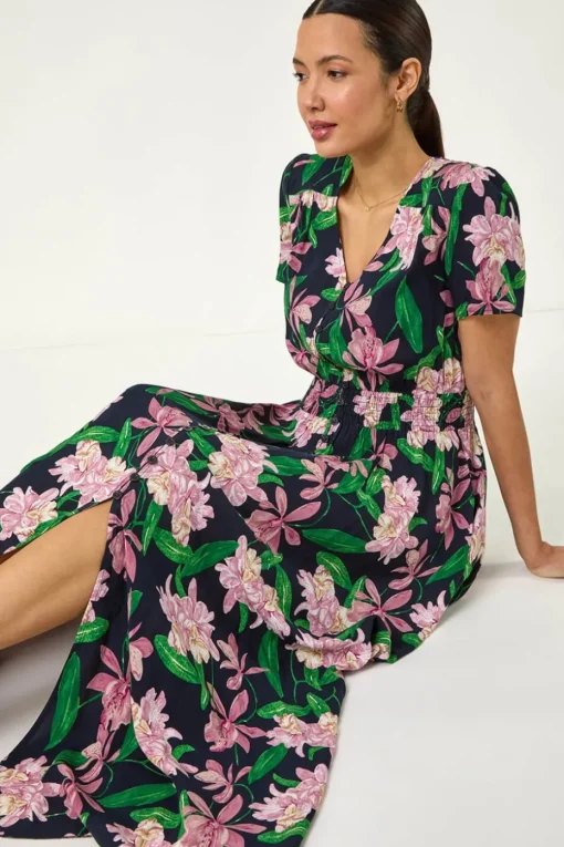Roman Pink Floral Shirred Maxi Dress