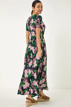Roman Pink Floral Shirred Maxi Dress