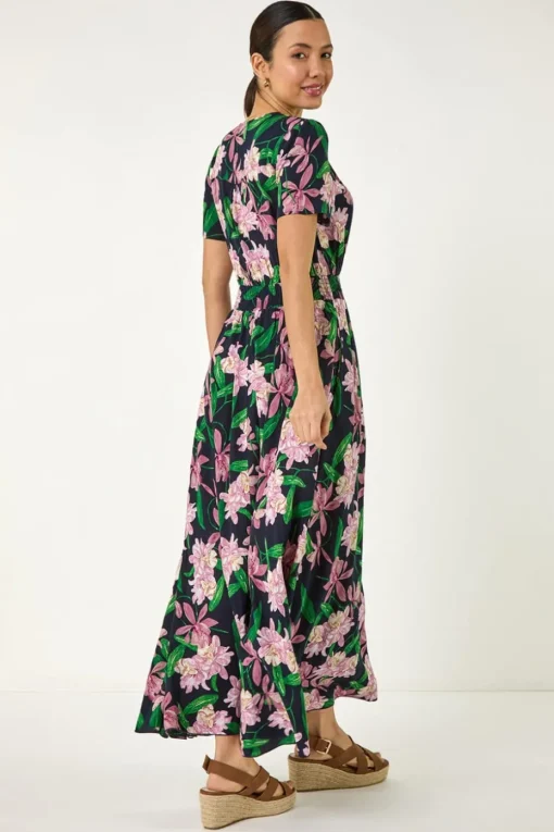 Roman Pink Floral Shirred Maxi Dress