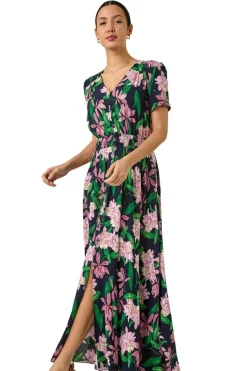 Roman Pink Floral Shirred Maxi Dress