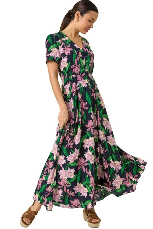 Roman Pink Floral Shirred Maxi Dress
