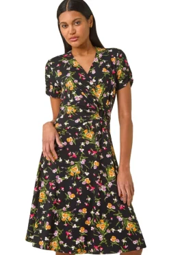 Roman Pink Floral Stretch Ring Detail Midi Dress