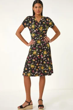 Roman Pink Floral Stretch Ring Detail Midi Dress