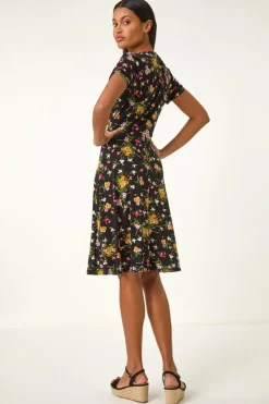 Roman Pink Floral Stretch Ring Detail Midi Dress