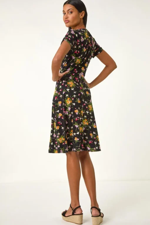 Roman Pink Floral Stretch Ring Detail Midi Dress