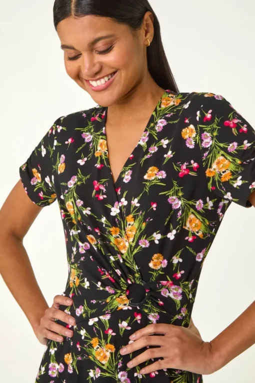 Roman Pink Floral Stretch Ring Detail Midi Dress
