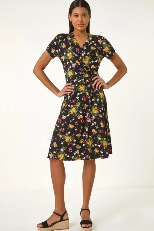 Roman Pink Floral Stretch Ring Detail Midi Dress