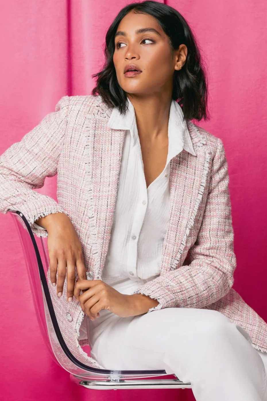 Roman Pink Frayed Edge Boucle Check Jacket