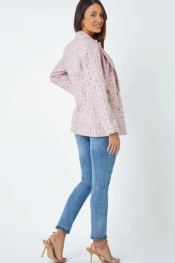 Roman Pink Frayed Edge Boucle Check Jacket