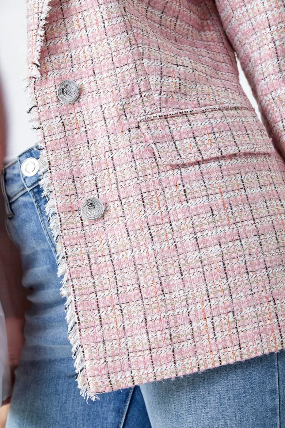 Roman Pink Frayed Edge Boucle Check Jacket