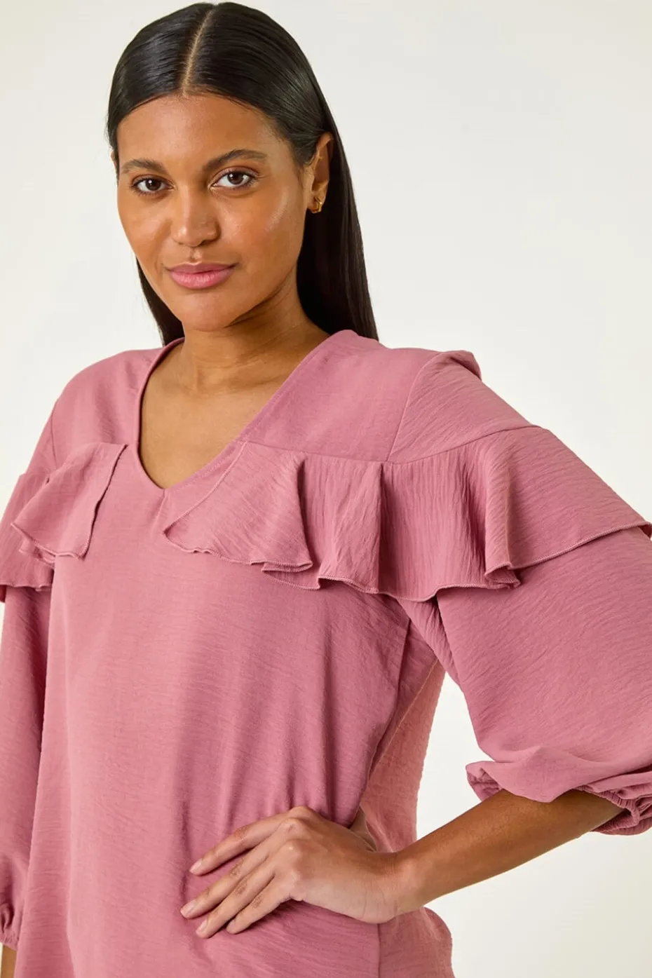Roman Pink Frill Front Woven Top