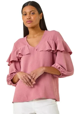 Roman Pink Frill Front Woven Top
