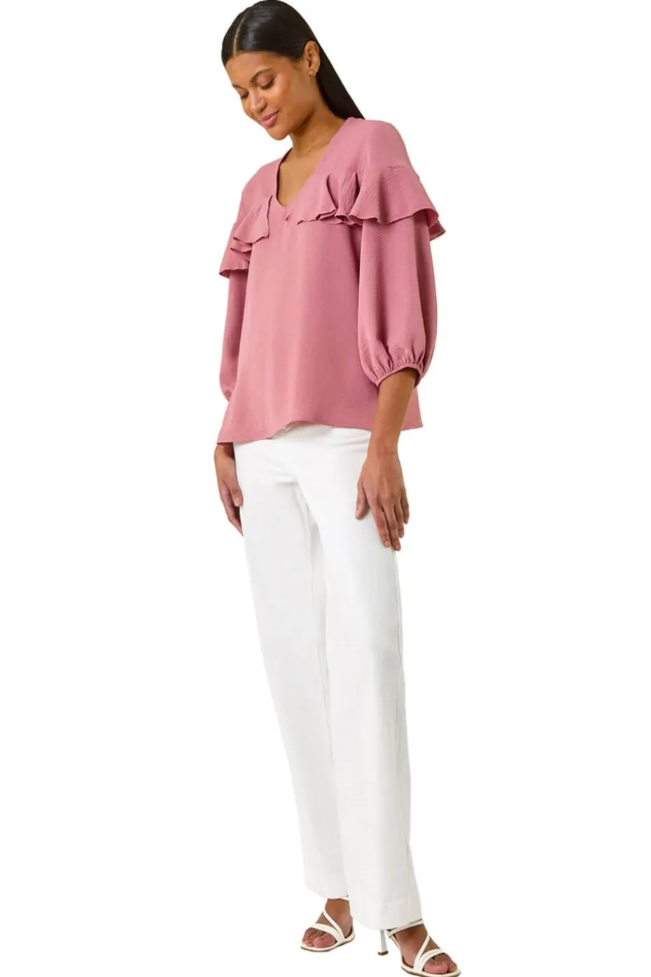 Roman Pink Frill Front Woven Top