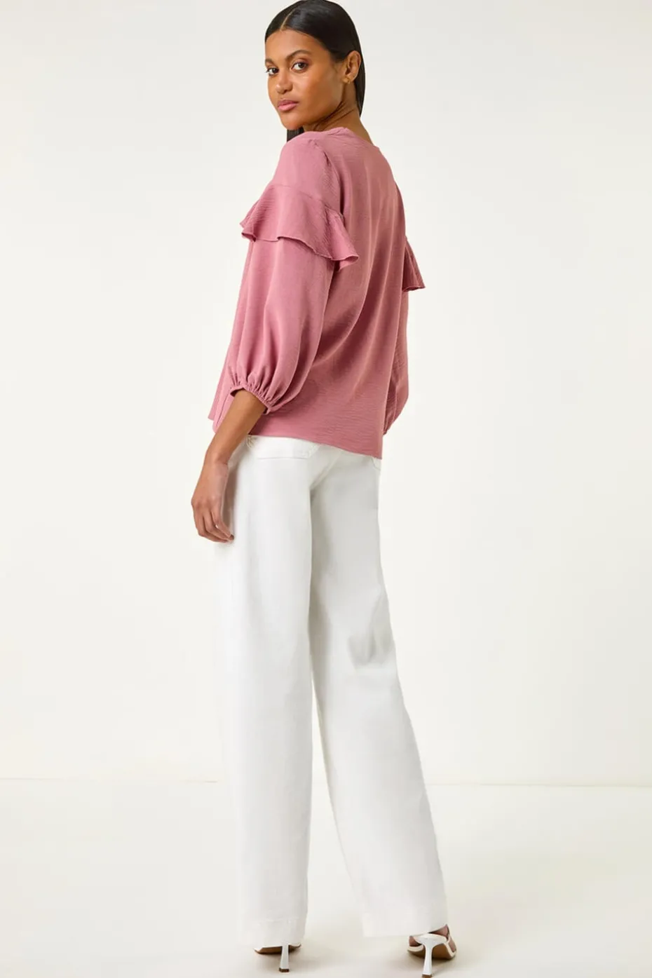 Roman Pink Frill Front Woven Top